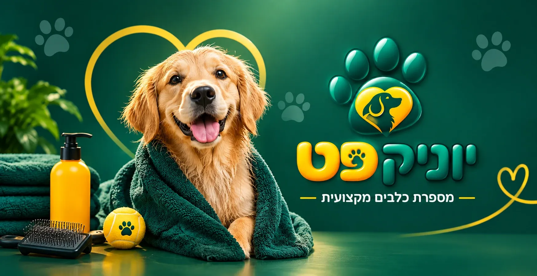 גולדן רטריבר מחייך עטוף במגבת ירוקה, ליד שמפו, מברשת וכדור. לידו הלוגו של יוניק פט והכיתוב: מספרת כלבים מקצועית